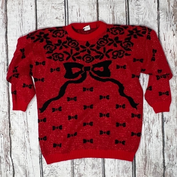 Vintage 1980s Bowtie Crewneck Knit Pullover Sweater - Picture 1 of 4